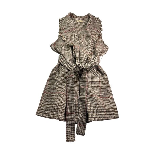 Democracy Womens Sleeveless Plaid Vest Jacket Size L Fringe Belt Multicolor - Picture 1 of 7